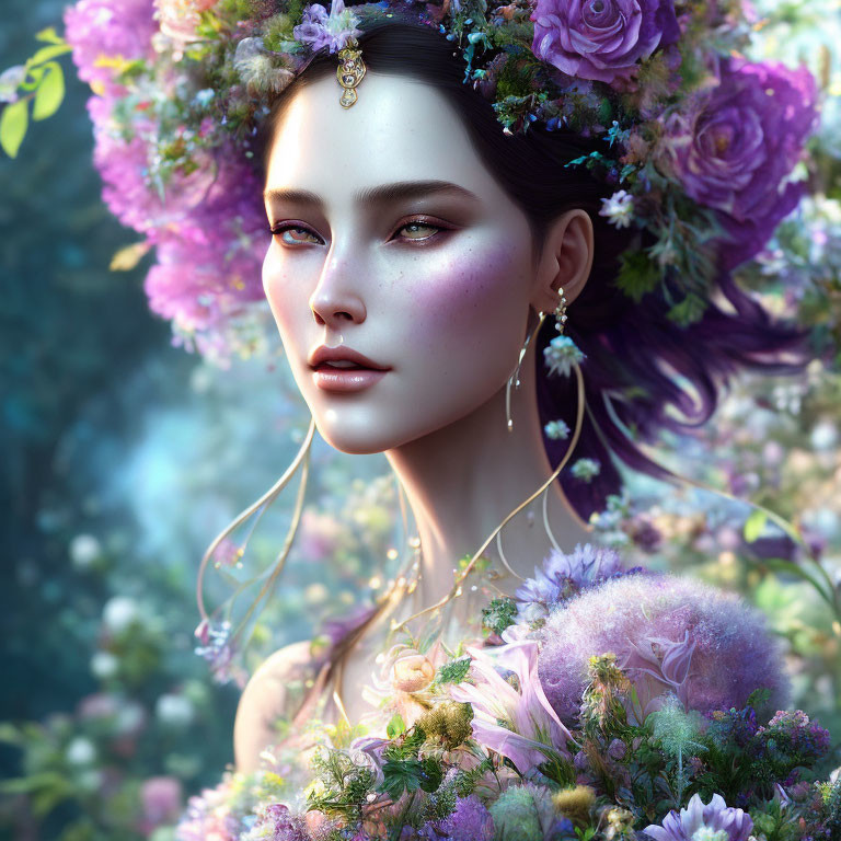 Digital portrait of woman with floral crown and jewelry against greenery backdrop