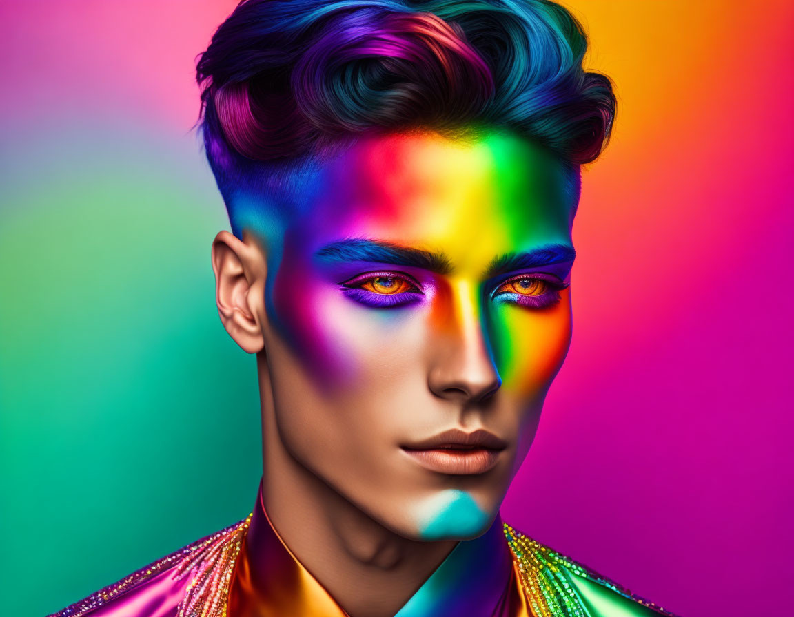 Stylish man with rainbow lighting on face, colorful background