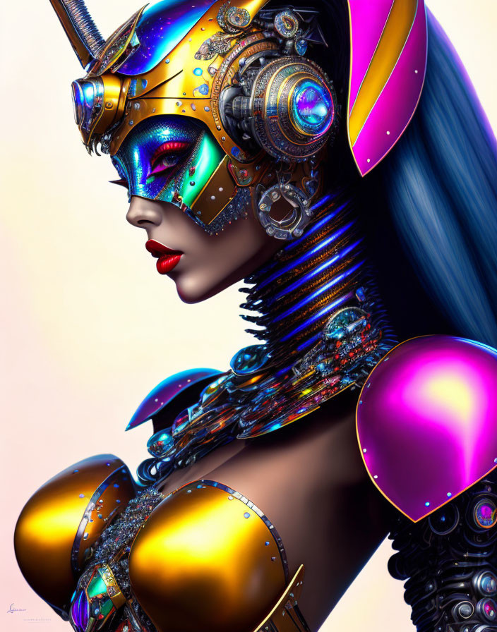 Futuristic female cyborg in gold and purple armor with blue hair
