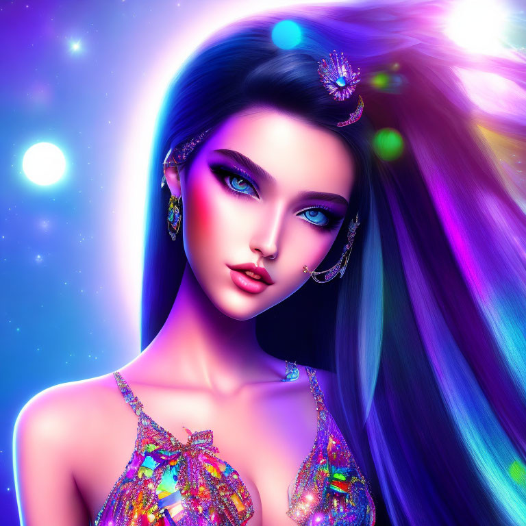 Colorful digital artwork of a woman with blue eyes and flowing hair under celestial lights