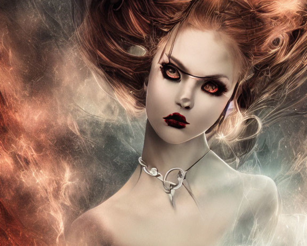 Vibrant depiction of woman with red hair and bold makeup on fiery backdrop