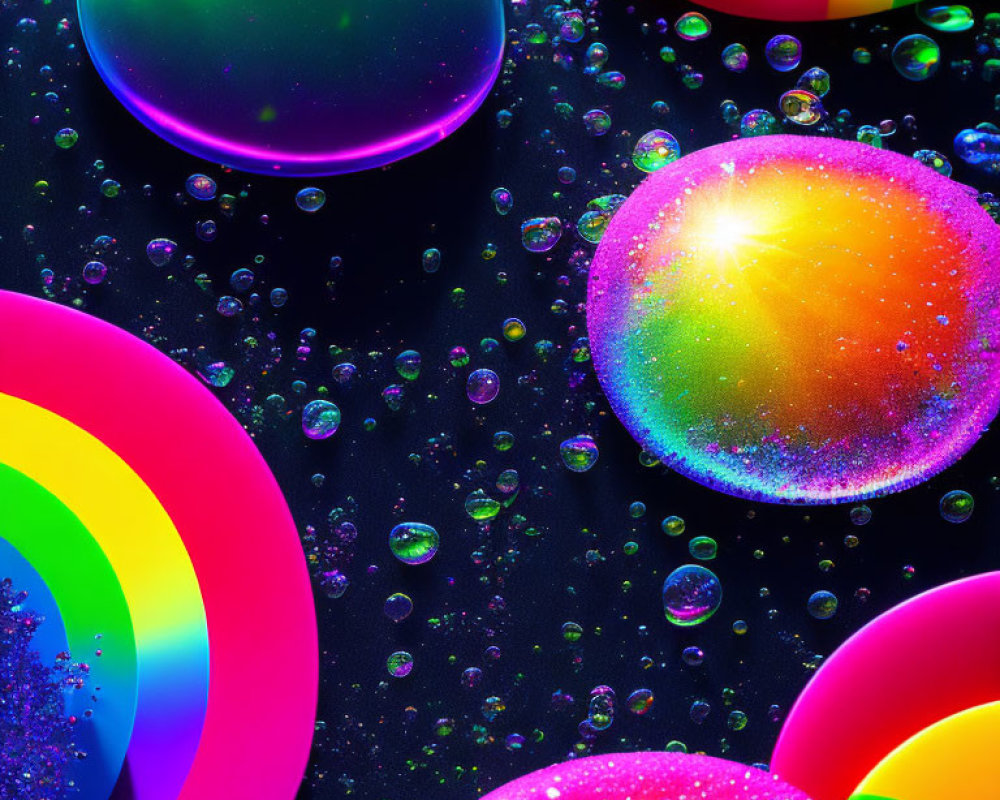 Multicolored bubbles with sparkling surfaces on dark background