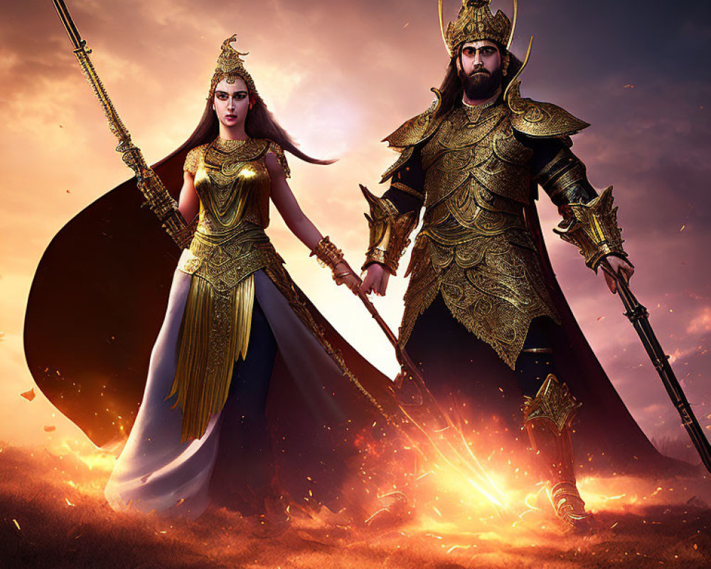 Warrior characters in golden armor against fiery sky with spear and sword