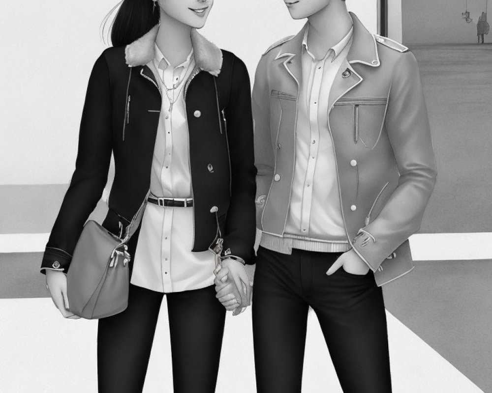 Monochrome illustration of smiling couple in stylish jackets