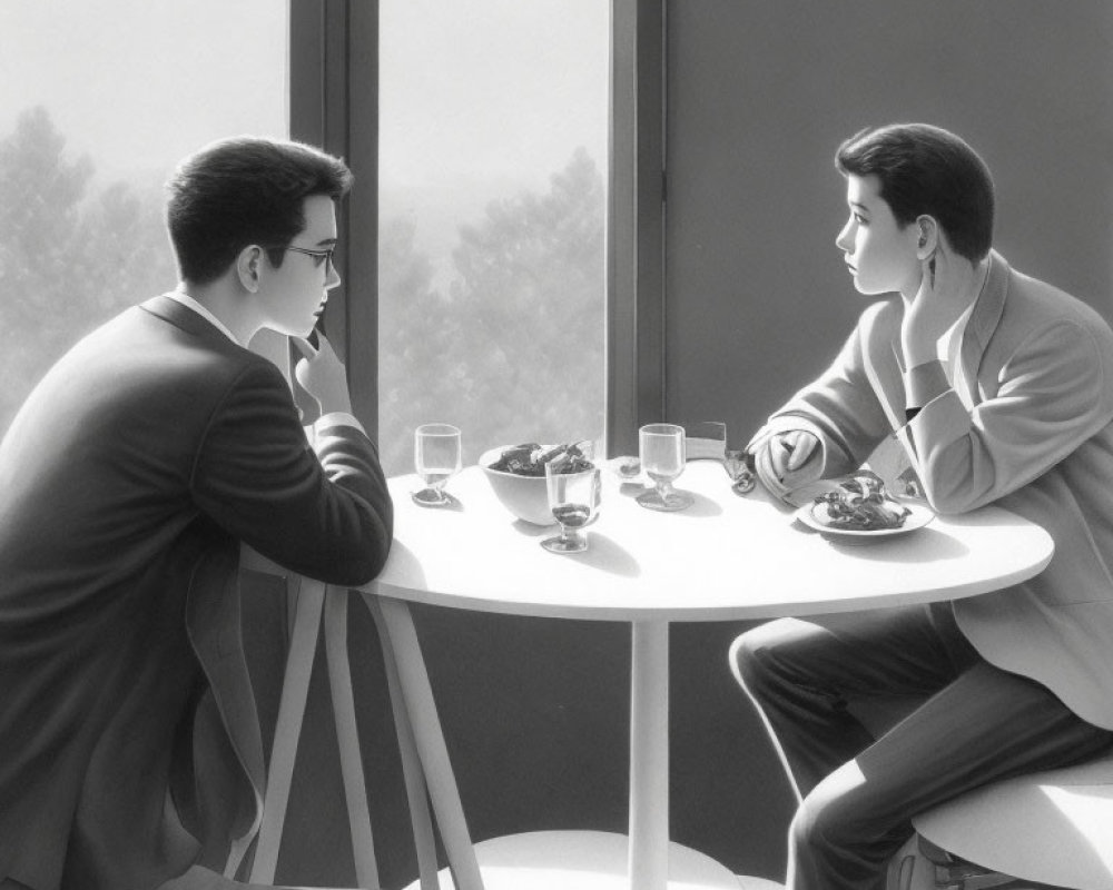 Two individuals in suits having a discussion at a round table near a window with drinks and snacks.