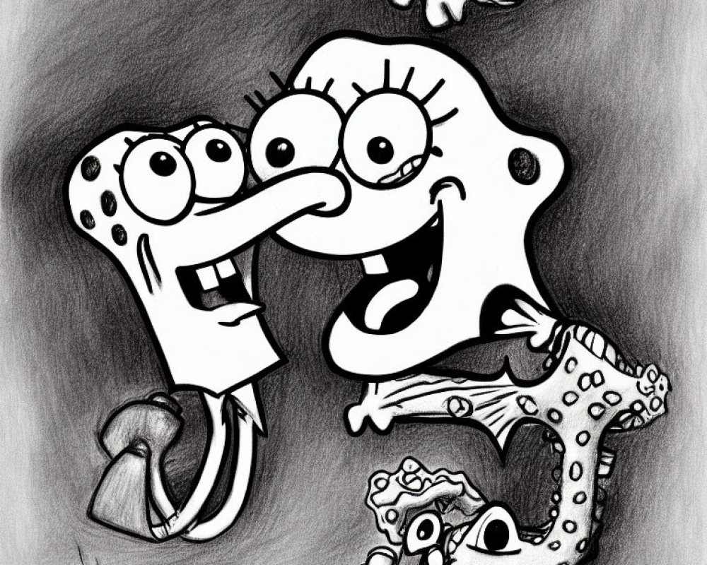 Exaggerated pencil sketch of SpongeBob and Squidward with whimsical expressions