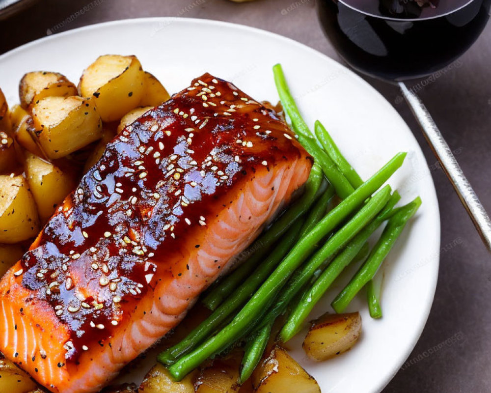 Grilled Salmon Fillet with Glaze, Roasted Potatoes, Green Beans, and Red Wine