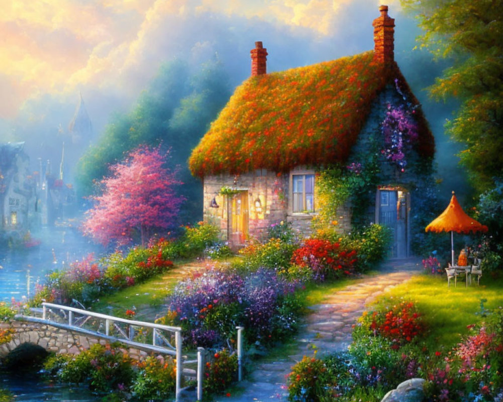 Quaint cottage with thatched roof and vibrant garden by river at sunset