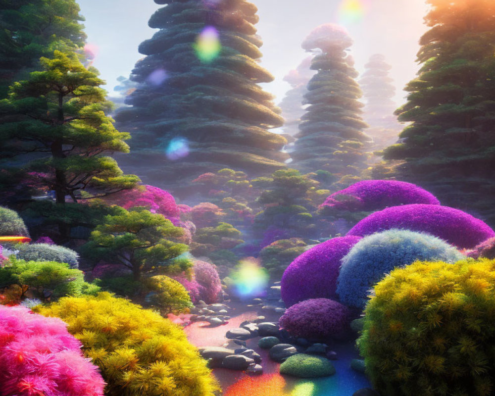 Colorful landscape with spiral trees, rainbow river, and lens-flare sky