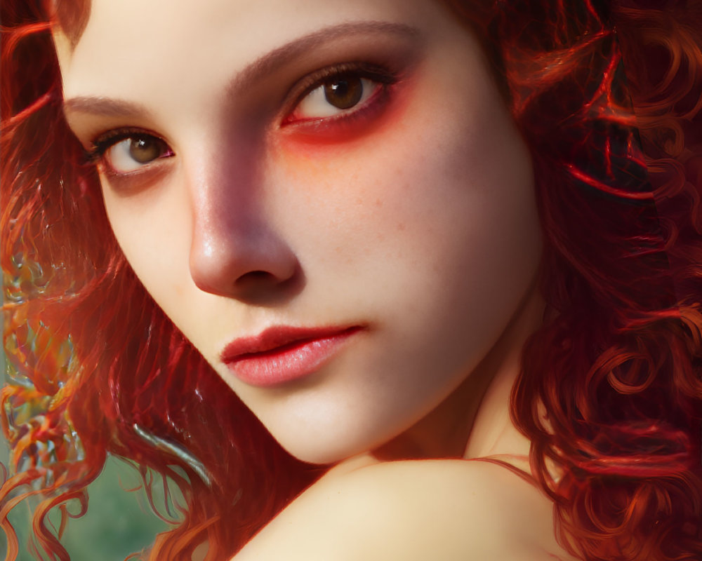 Intense gaze and radiant red hair in soft-focus portrait