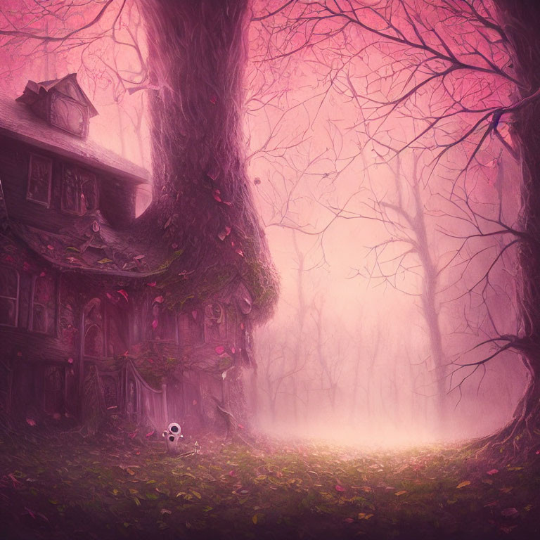 Eerie purple forest scene with twisted tree, old house, mist, and skull