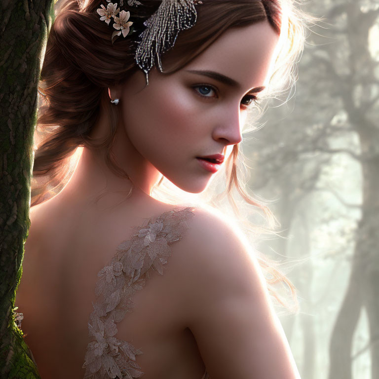 Woman with elegant side hairstyle and floral adornments in lace dress standing in misty forest with sunlight highlighting