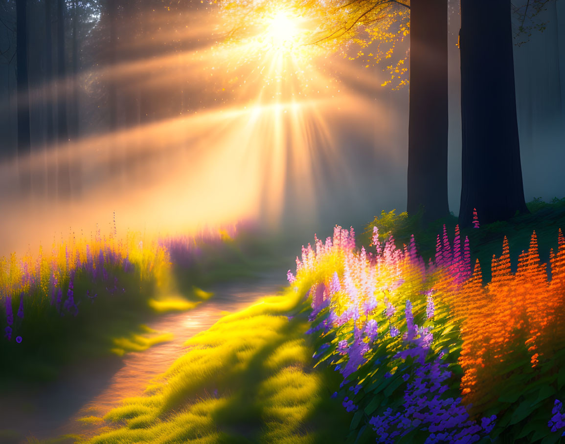 Sunlit forest path with vibrant purple and orange flowers