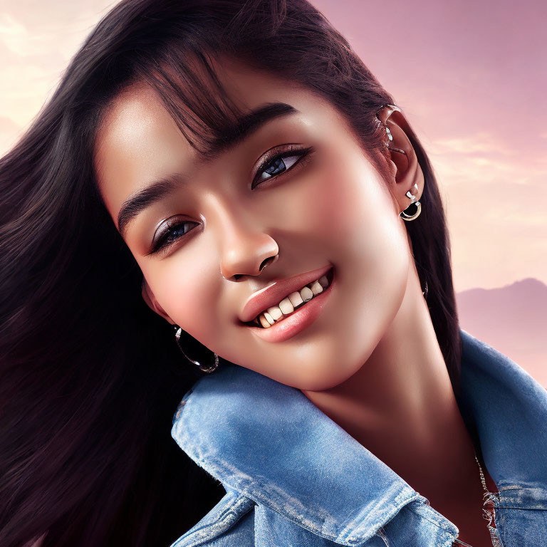 Smiling young woman in denim jacket with earrings on pink background