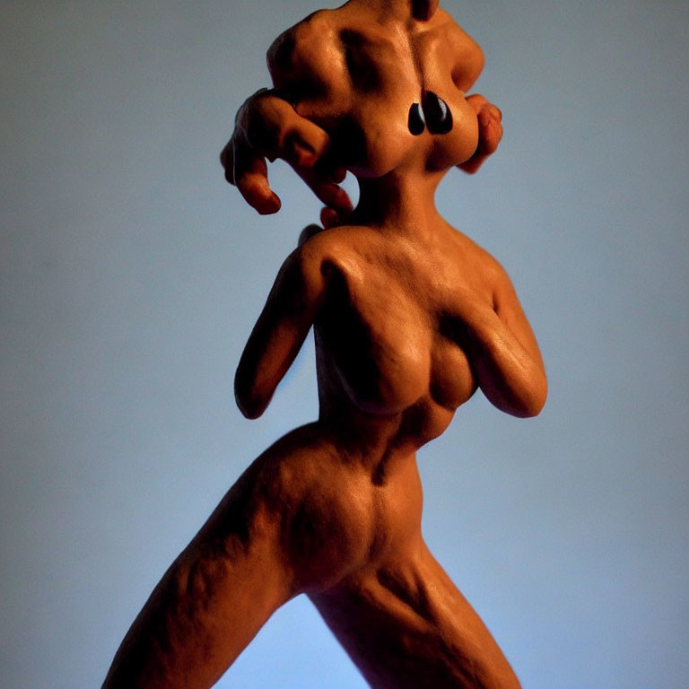 Surreal clay-like sculpture of distorted human figure against blue background