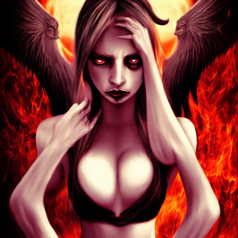 Fantasy digital art of female figure with red eyes, dark hair, ravens, and flames