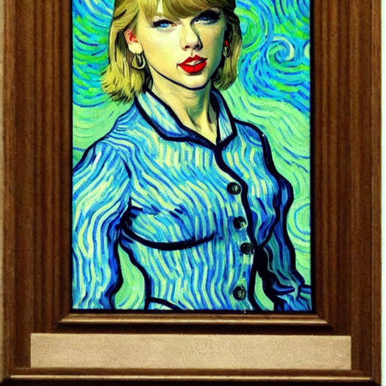 Portrait of woman in blue shirt with red lipstick in Van Gogh's "Starry Night" style