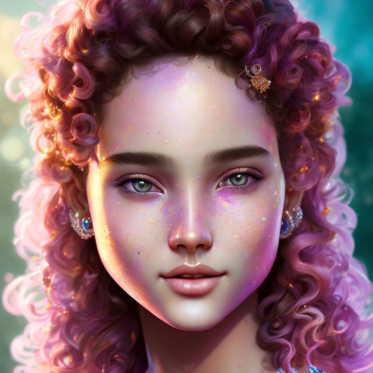 Curly-haired girl with freckled skin and bee hairpin in digital art