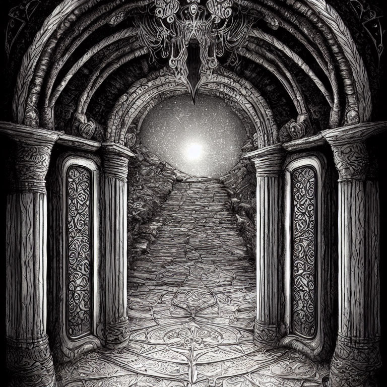 Monochrome mystical pathway with ornate columns and arches