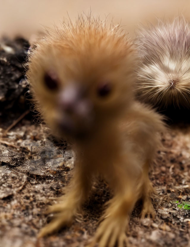 Fluffy yellow chick close-up with soft focus background