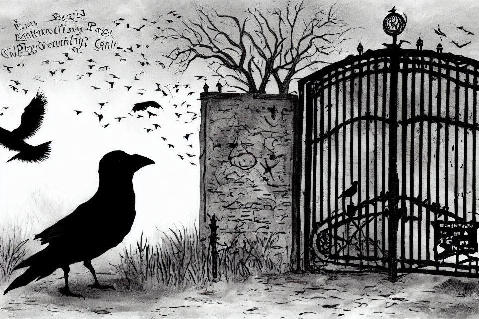 Monochrome illustration of large raven, flying ravens, barren tree, wrought iron gate, and