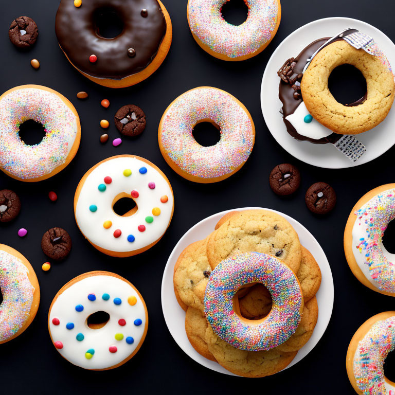 Assorted Donuts with Colorful Sprinkles and Chocolate Glaze