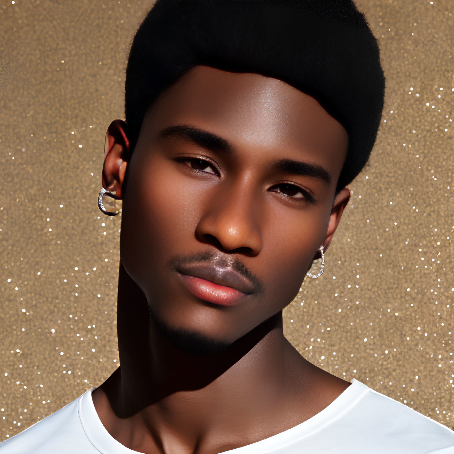 Close-up of person with high-top fade hairstyle and earrings on glittering beige background