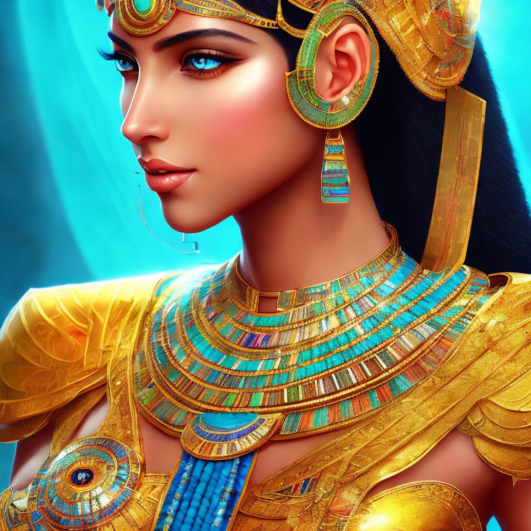 Digital artwork: Woman in Ancient Egyptian headdress and jewelry on blue background