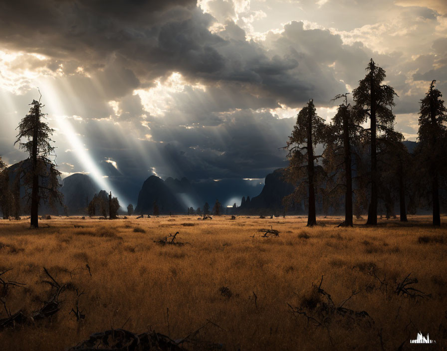 Dramatic landscape with sunbeams, dark clouds, trees, and mountains