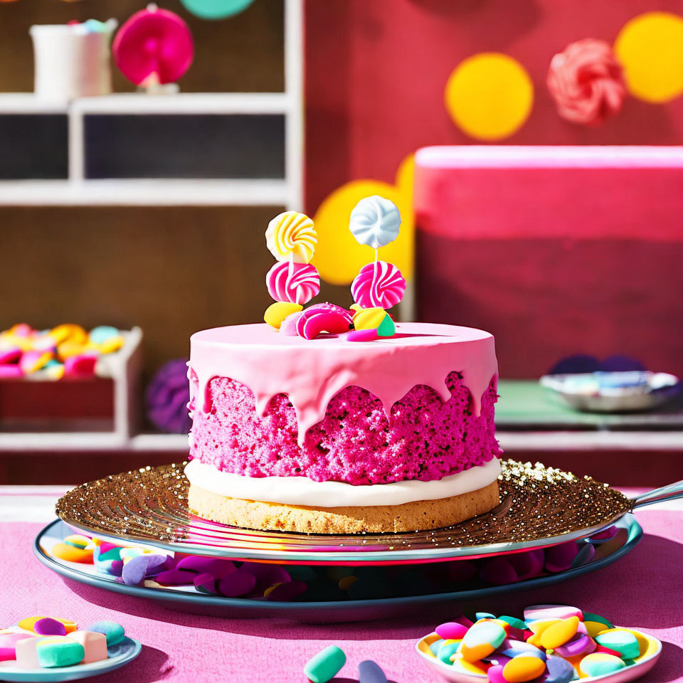 Colorful Birthday Cake with Pink Frosting and Candy Decorations on Festive Table