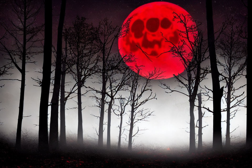 Red Moon Casting Skull Silhouette Over Foggy Forest