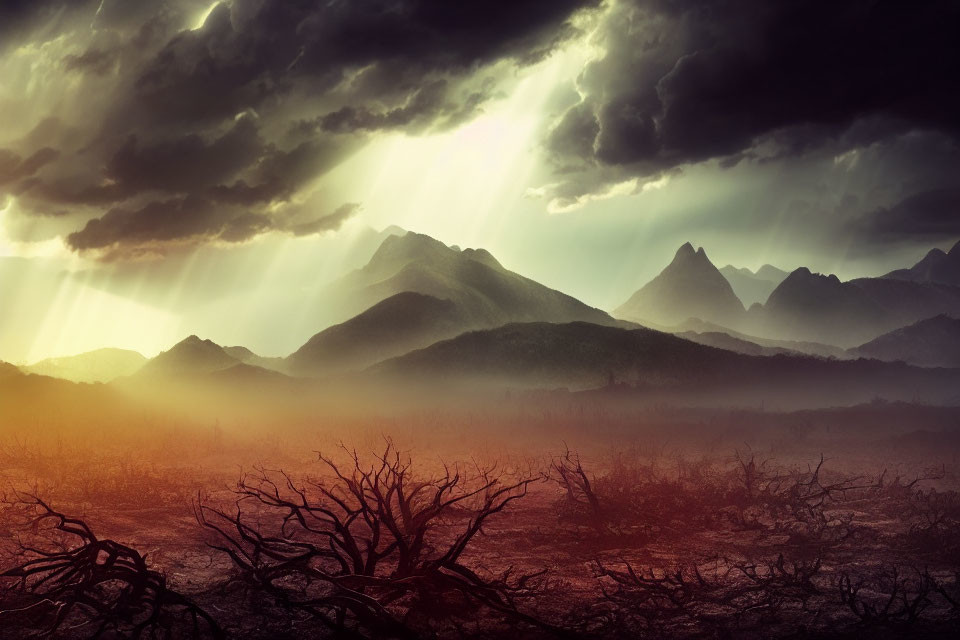 Dramatic sun rays through stormy clouds over barren landscape
