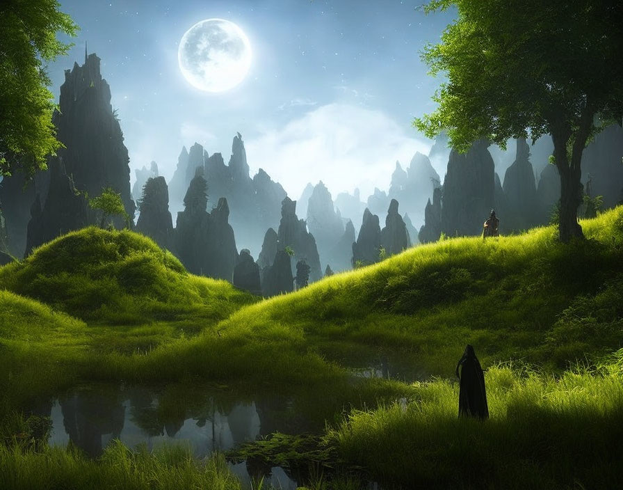 Mystical landscape with full moon, cloaked figures, and serene pond