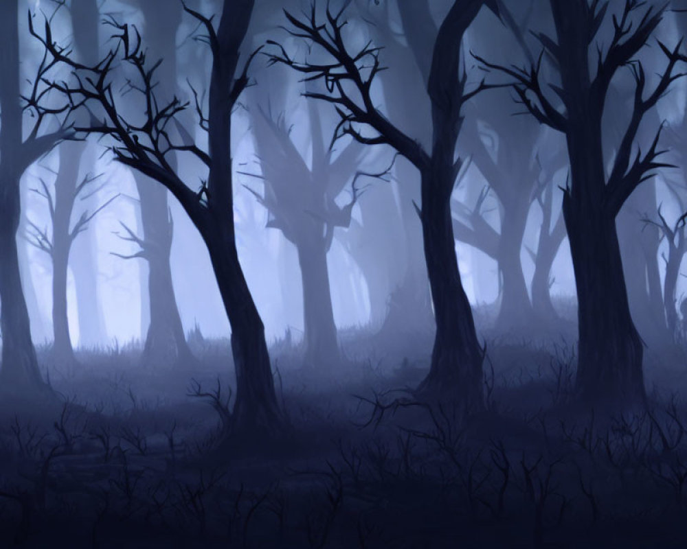 Eerie forest scene with bare trees in blue fog