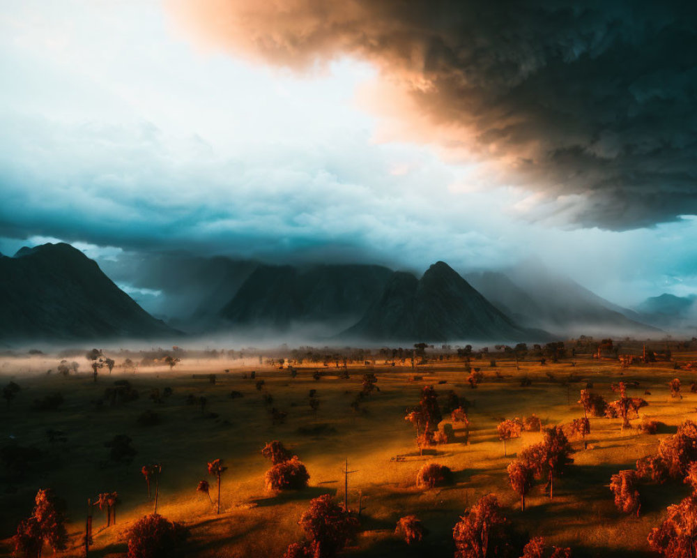 Dramatic landscape: Sunlit fields, stormy clouds, rugged mountains at dusk or dawn