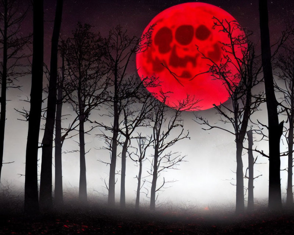 Red Moon Casting Skull Silhouette Over Foggy Forest
