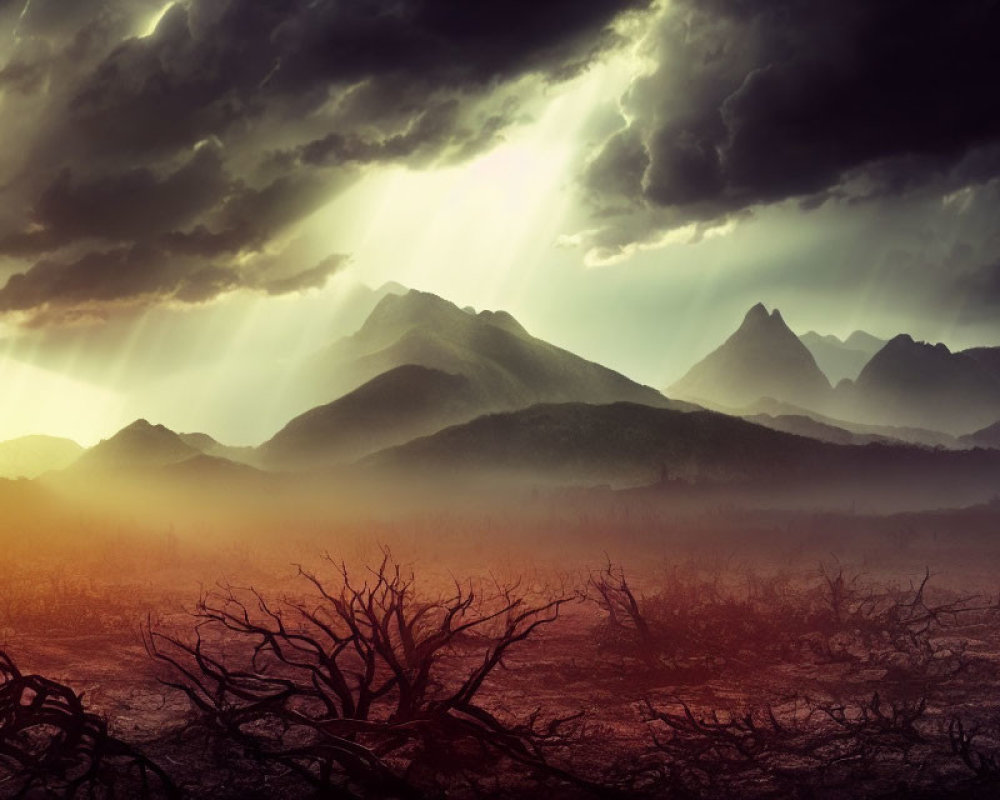 Dramatic sun rays through stormy clouds over barren landscape
