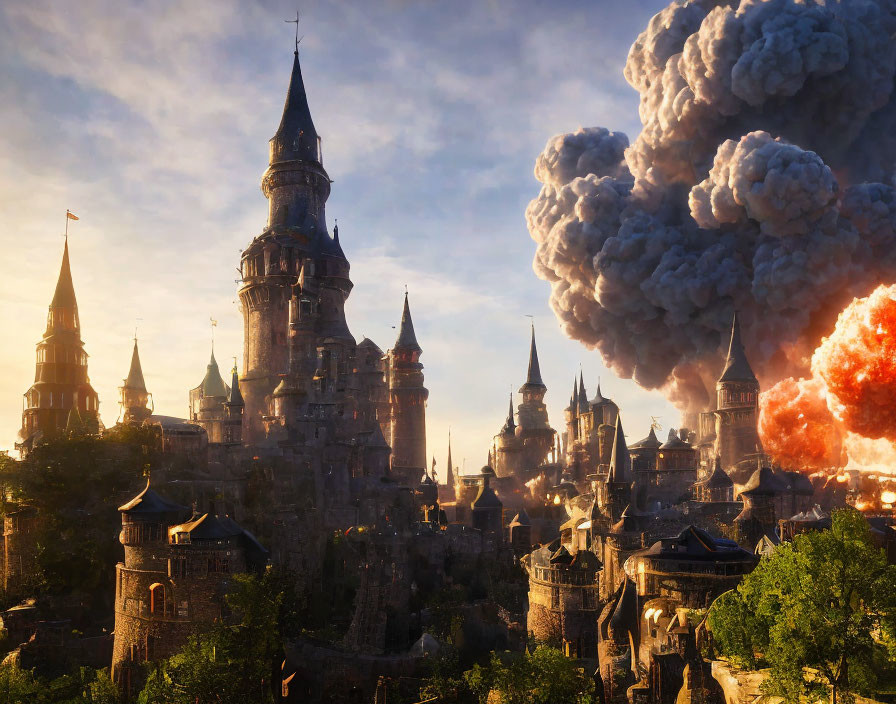 Majestic castle with spires and bridges under attack at sunset