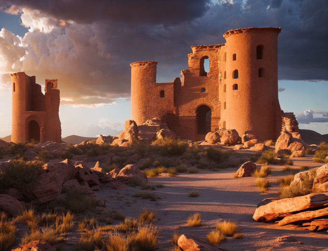 Ancient desert ruins at sunset with towering walls and arches