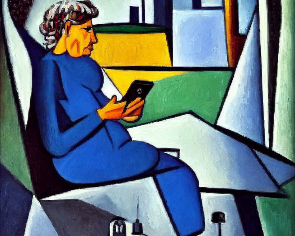Cubist-style painting of person reading book in blue with abstract shapes