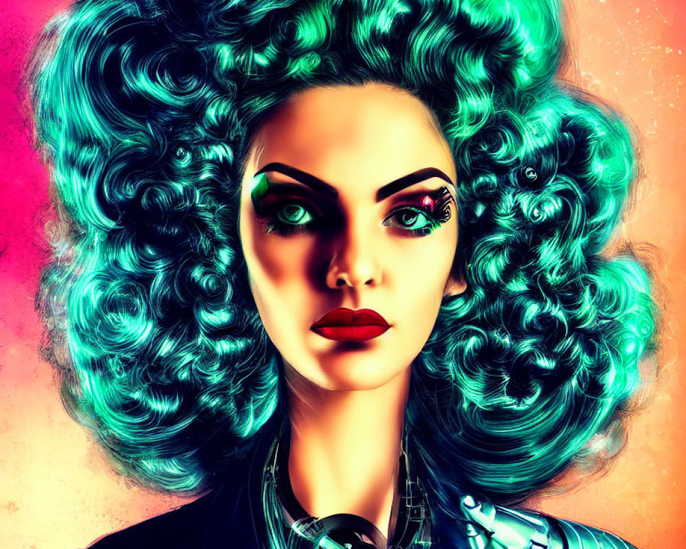 Colorful digital artwork: Woman with turquoise curly hair, bold makeup, cyborg arm, pink and