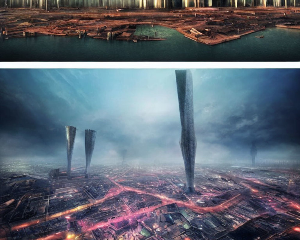 Futuristic cityscape with towering skyscrapers and illuminated streets
