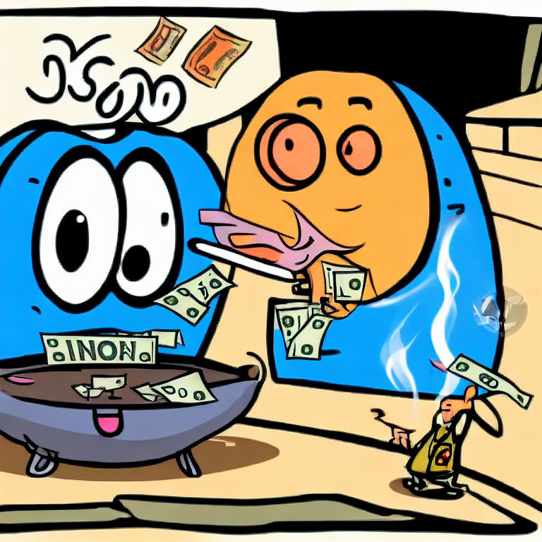 Blue character near heated pot of money with orange character excitedly looking on