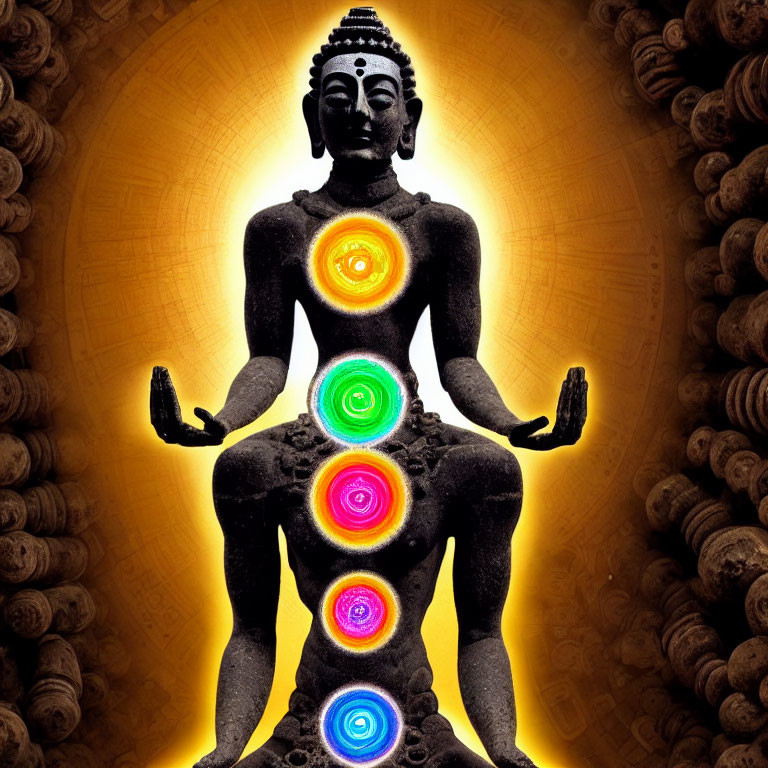 Seated Buddha statue with seven colored chakras on golden background