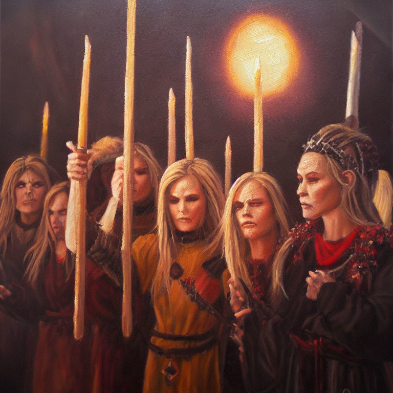 Medieval individuals in grave attire with spears under red sky