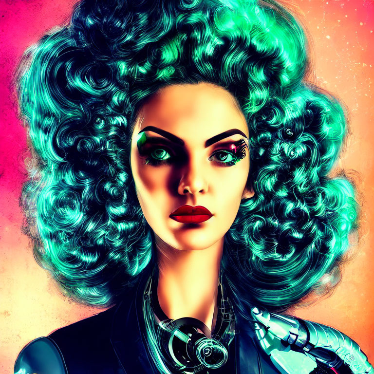 Colorful digital artwork: Woman with turquoise curly hair, bold makeup, cyborg arm, pink and