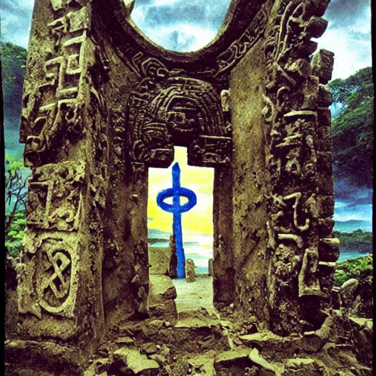 Ancient stone archway with carvings, cross, colorful sky, and lush greenery