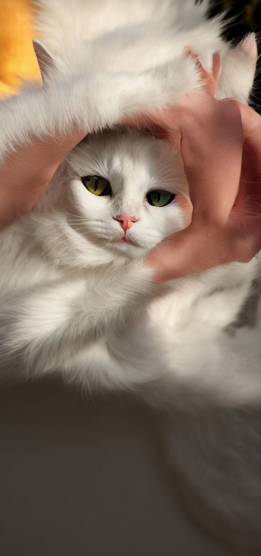Fluffy white cat framed by heart hands in warm background