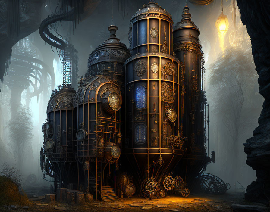 Steampunk structure with cylinders, gears, and glowing elements in misty forest landscape