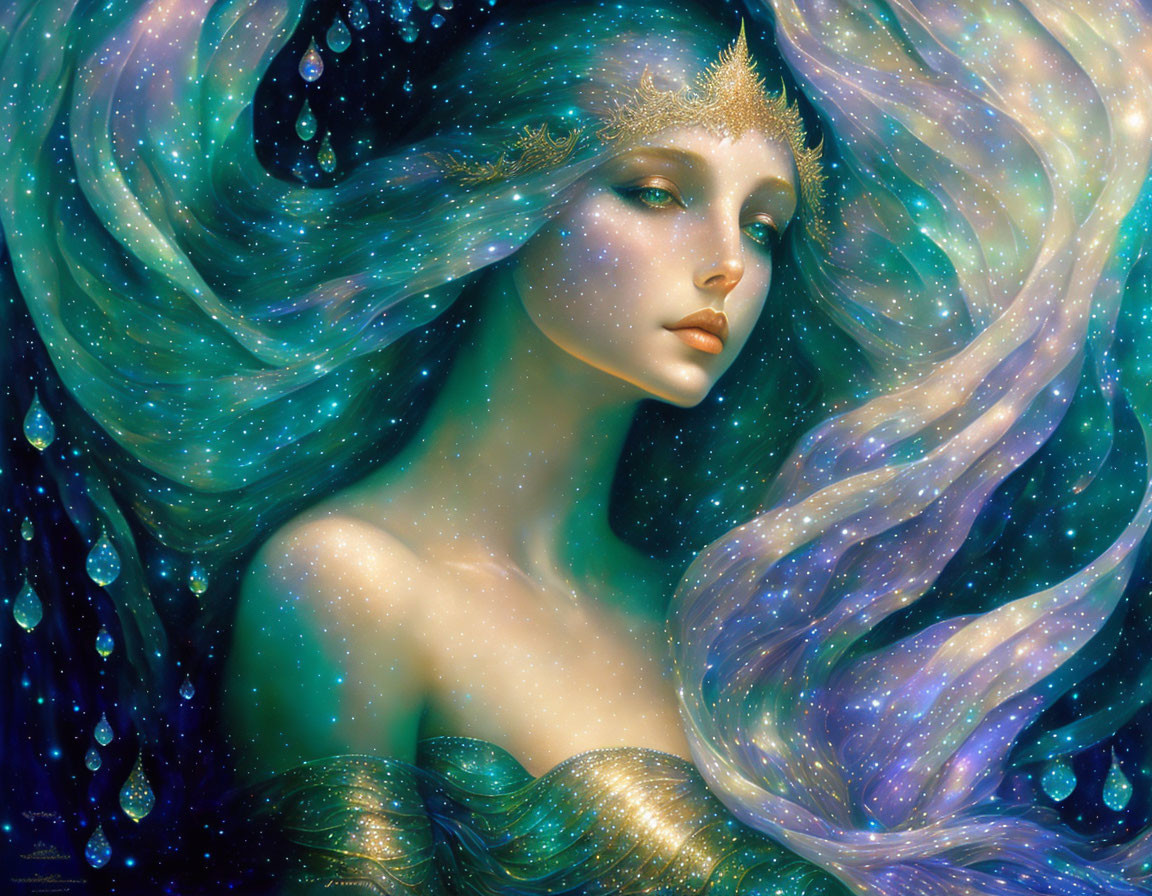 Woman with Blue Starry Hair and Golden Attire